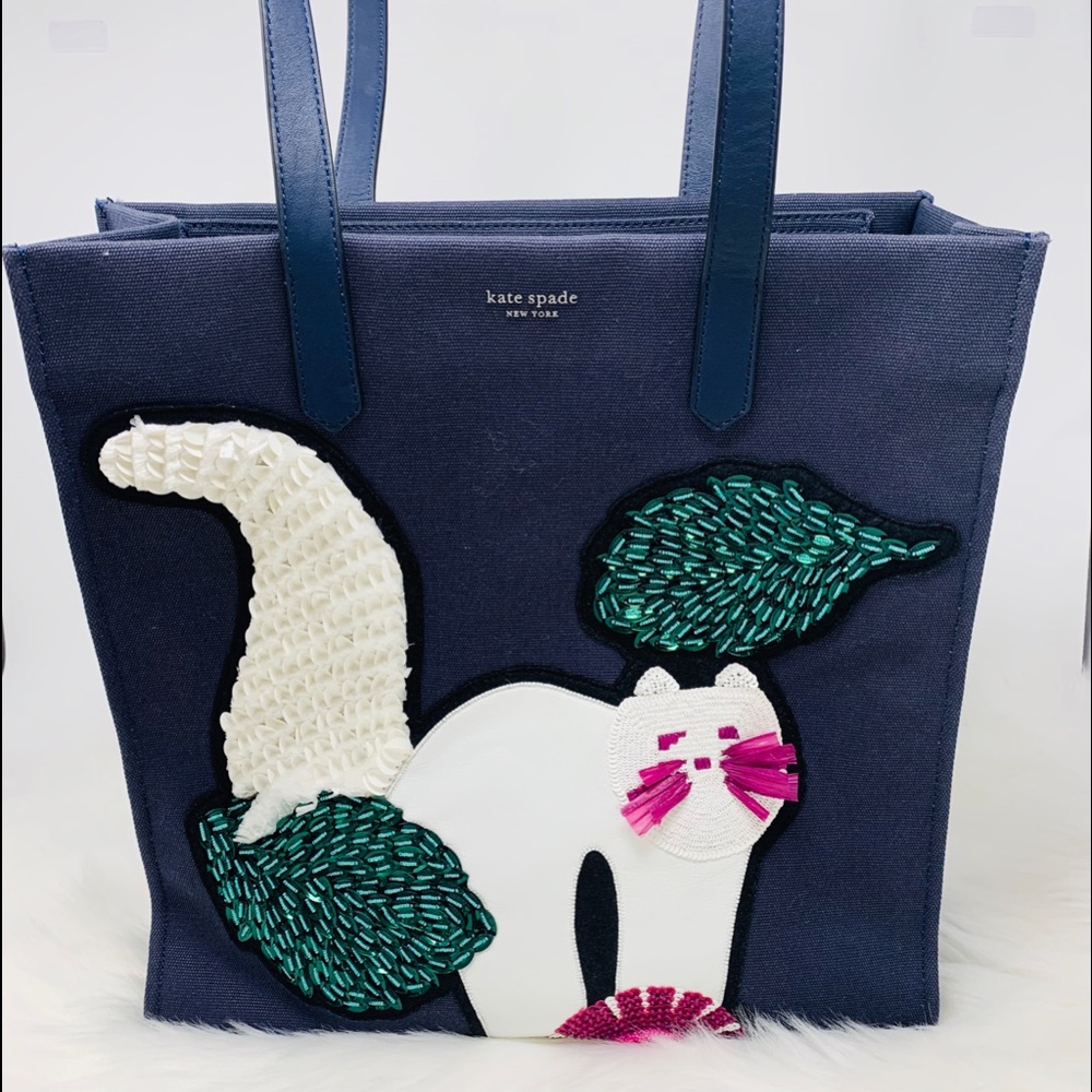 KAte Spade kitt embellished large NS tote cat blue
